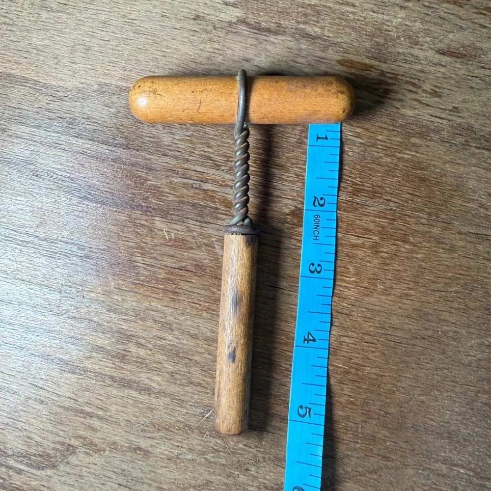 Antique Primitive Wooden T Handle Corkscrew with Sheath Twisted Wire Steel Worm